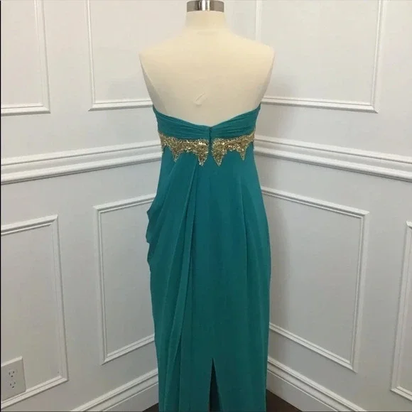 Marchesa Teal Strapless pleated and draped silk Dress with Gold beaded accent. - Picture 3 of 13